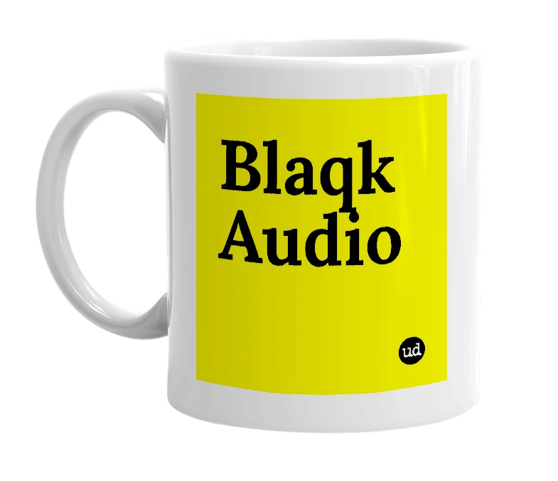 White mug with 'Blaqk Audio' in bold black letters