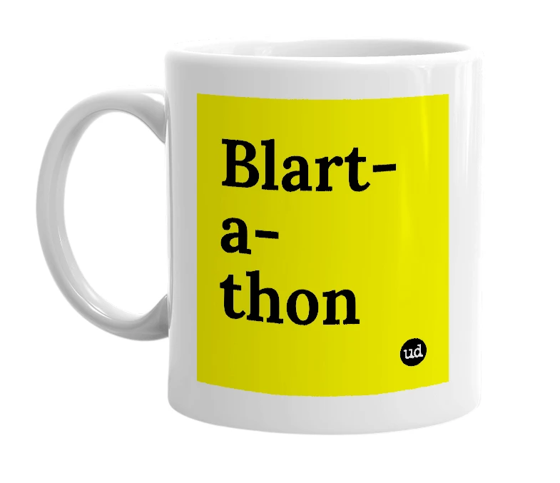 White mug with 'Blart-a-thon' in bold black letters