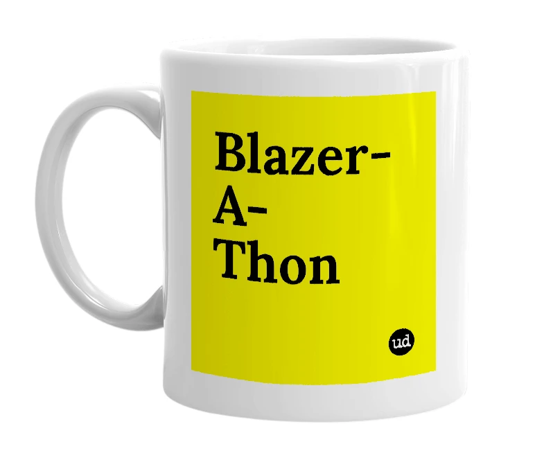White mug with 'Blazer-A-Thon' in bold black letters