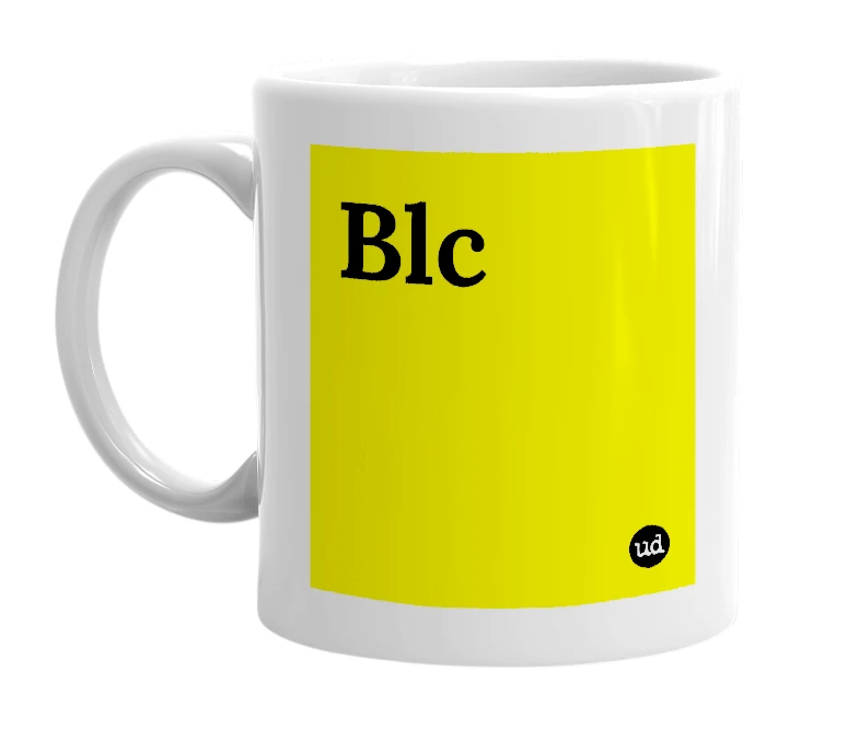 White mug with 'Blc' in bold black letters