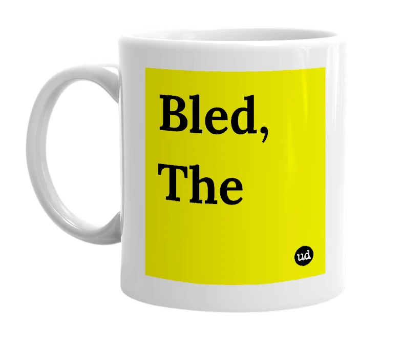 White mug with 'Bled, The' in bold black letters