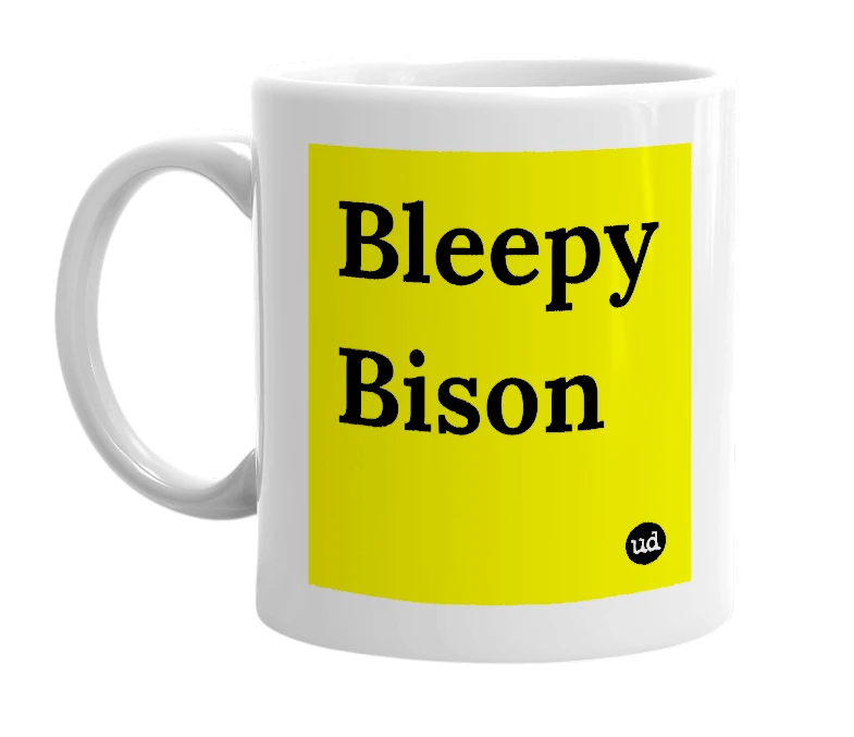 White mug with 'Bleepy Bison' in bold black letters