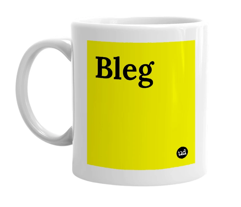White mug with 'Bleg' in bold black letters