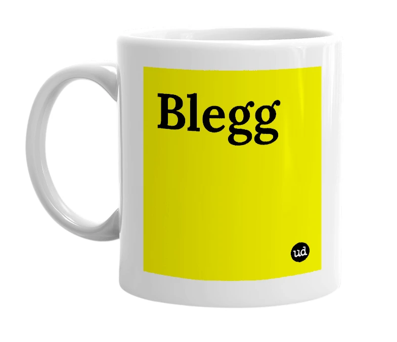 White mug with 'Blegg' in bold black letters