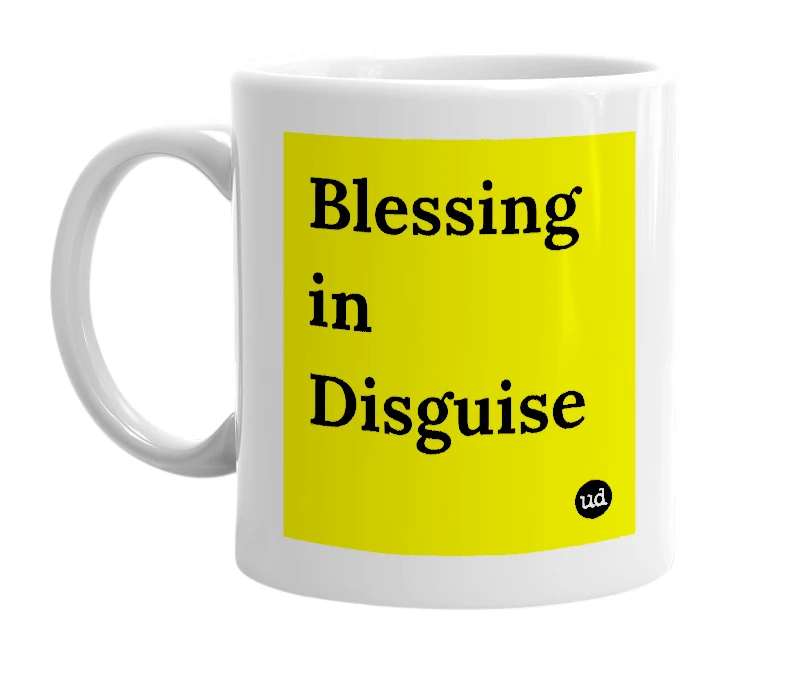 White mug with 'Blessing in Disguise' in bold black letters