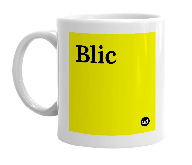 White mug with 'Blic' in bold black letters