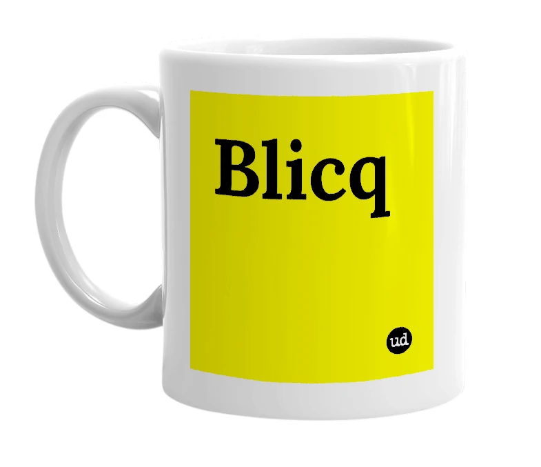 White mug with 'Blicq' in bold black letters