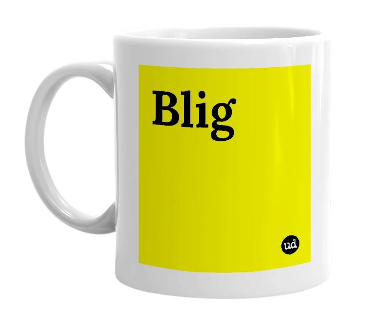 White mug with 'Blig' in bold black letters