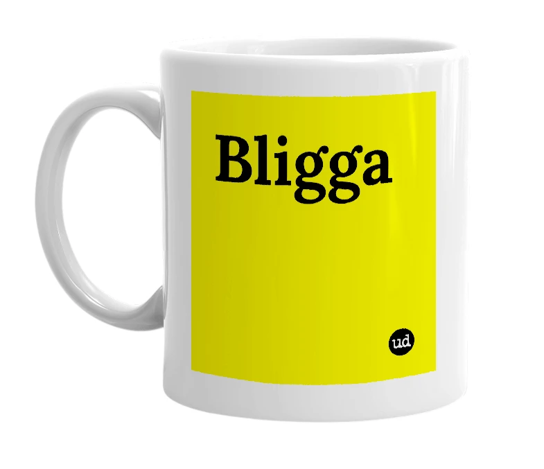 White mug with 'Bligga' in bold black letters