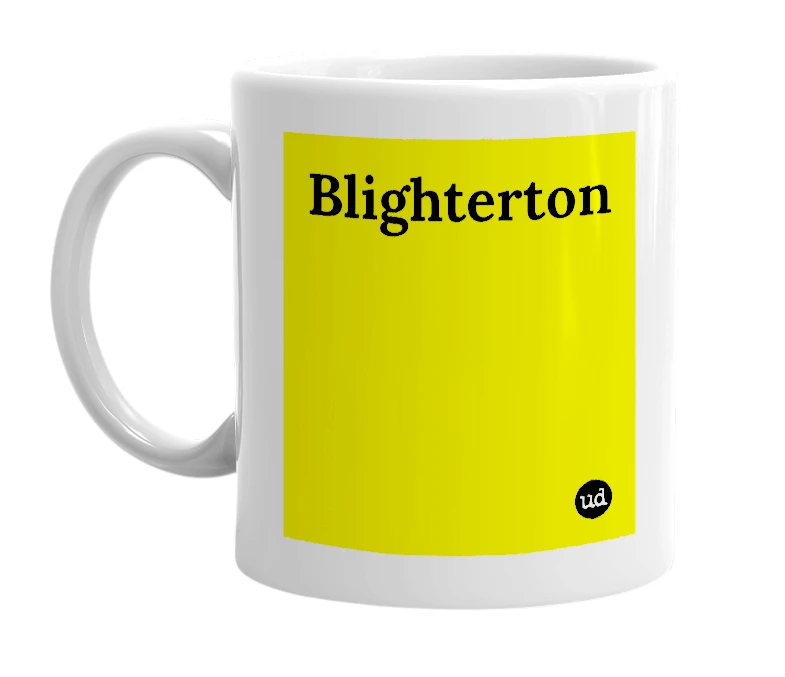 White mug with 'Blighterton' in bold black letters