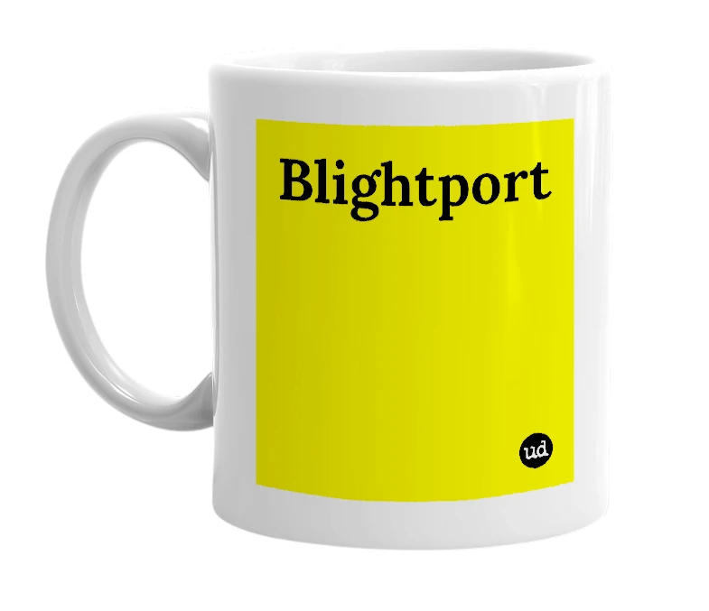 White mug with 'Blightport' in bold black letters
