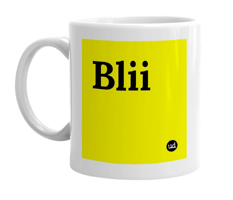 White mug with 'Blii' in bold black letters