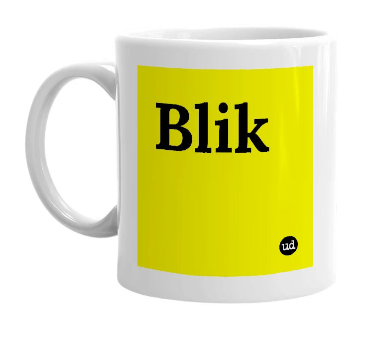 White mug with 'Blik' in bold black letters