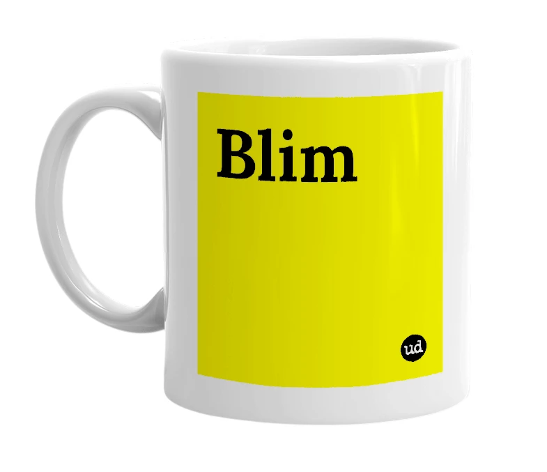 White mug with 'Blim' in bold black letters