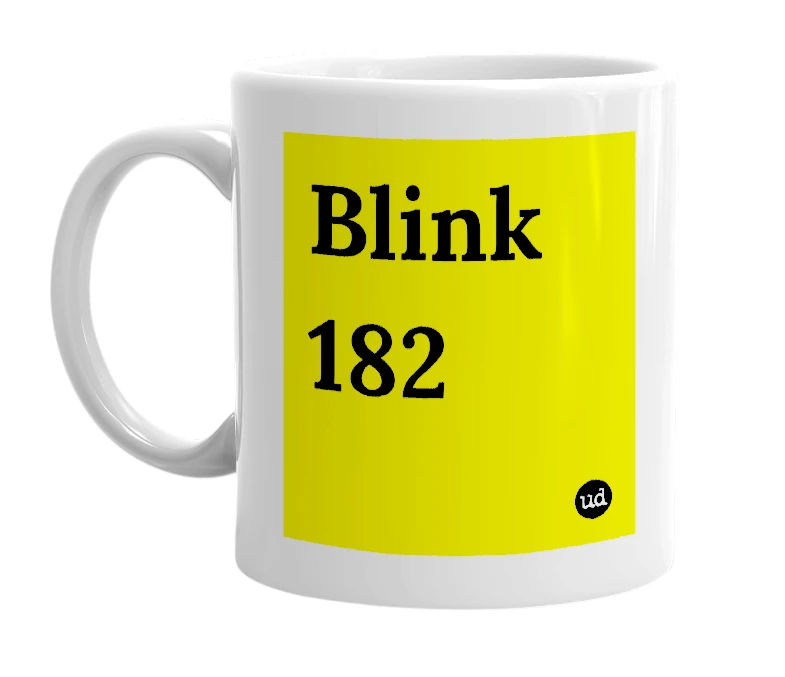 White mug with 'Blink 182' in bold black letters