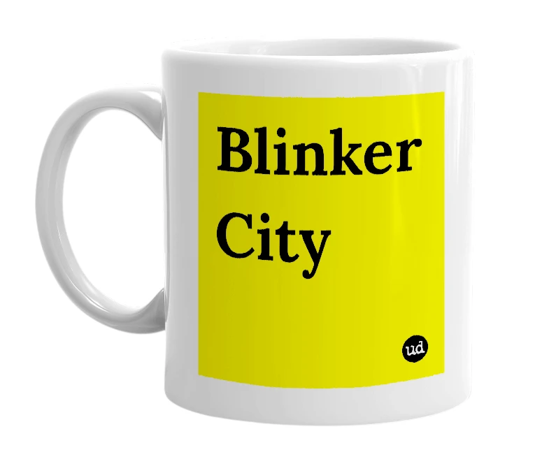 White mug with 'Blinker City' in bold black letters