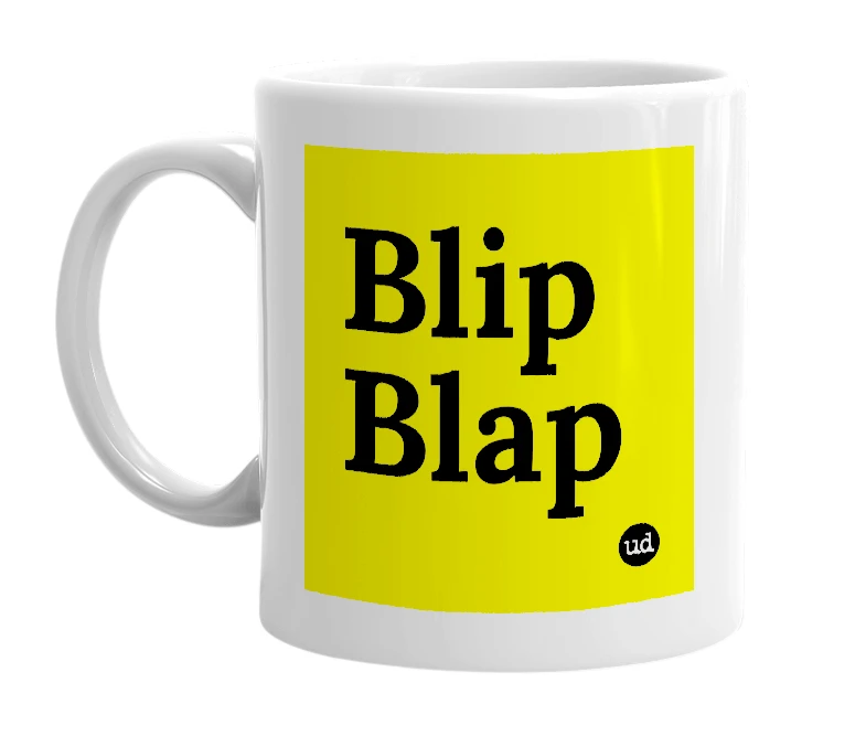 White mug with 'Blip Blap' in bold black letters