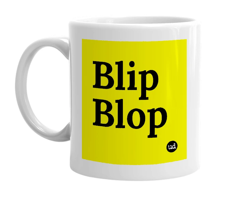 White mug with 'Blip Blop' in bold black letters