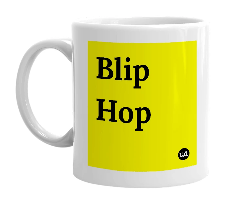 White mug with 'Blip Hop' in bold black letters