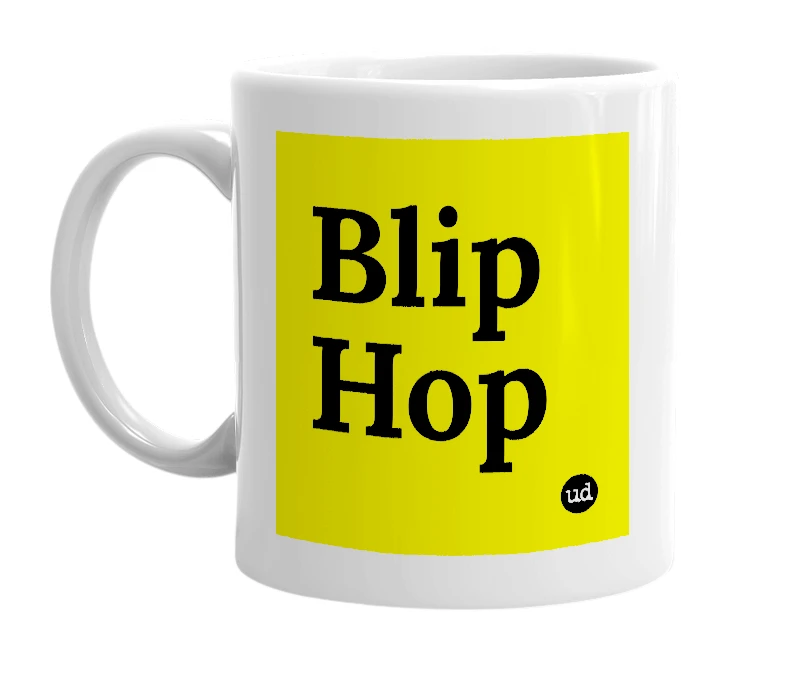 White mug with 'Blip Hop' in bold black letters