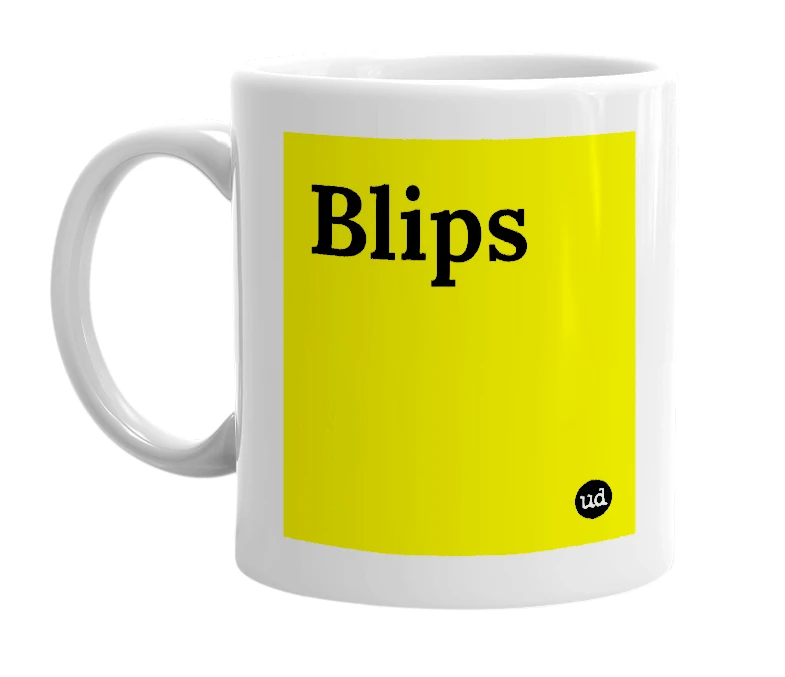 White mug with 'Blips' in bold black letters