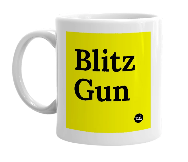White mug with 'Blitz Gun' in bold black letters