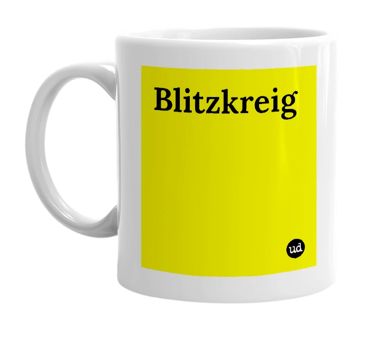 White mug with 'Blitzkreig' in bold black letters