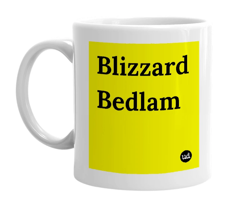 White mug with 'Blizzard Bedlam' in bold black letters