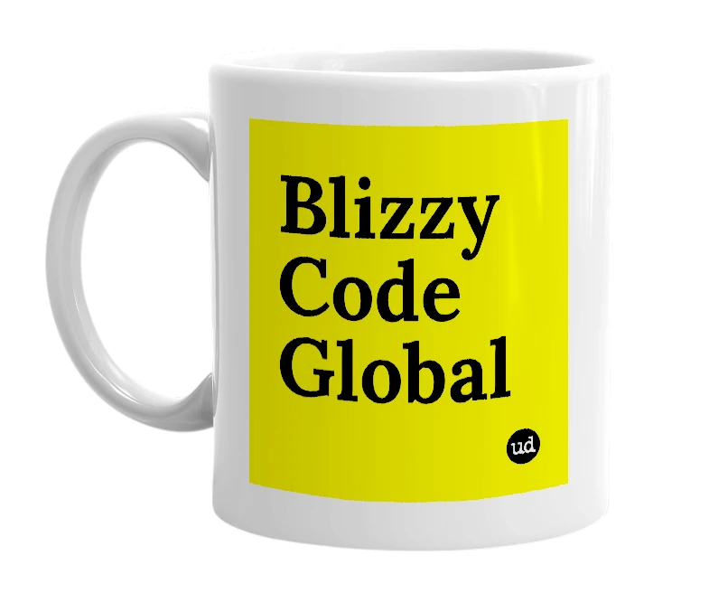 White mug with 'Blizzy Code Global' in bold black letters