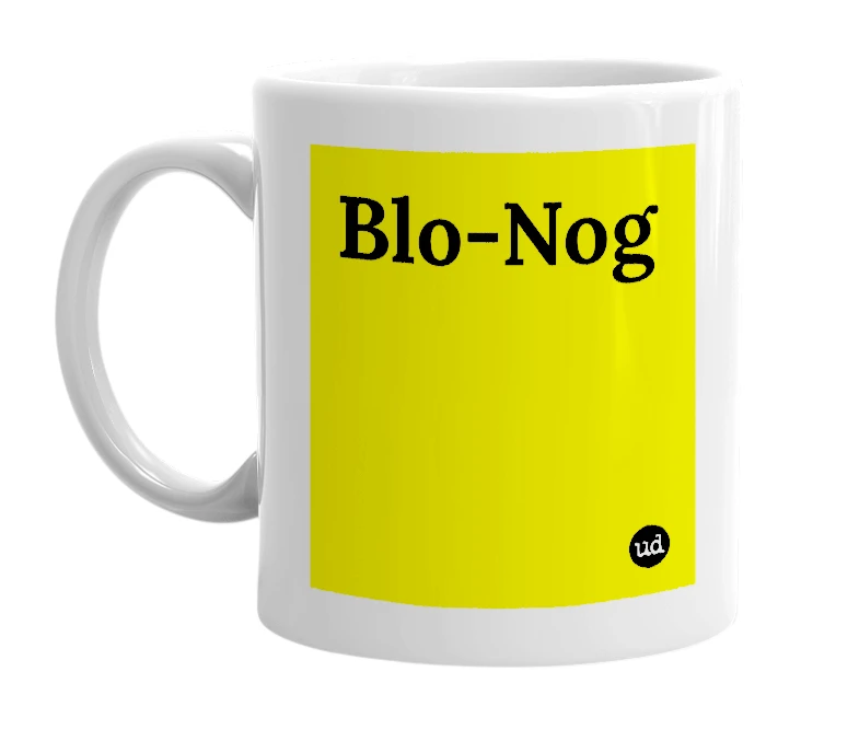White mug with 'Blo-Nog' in bold black letters