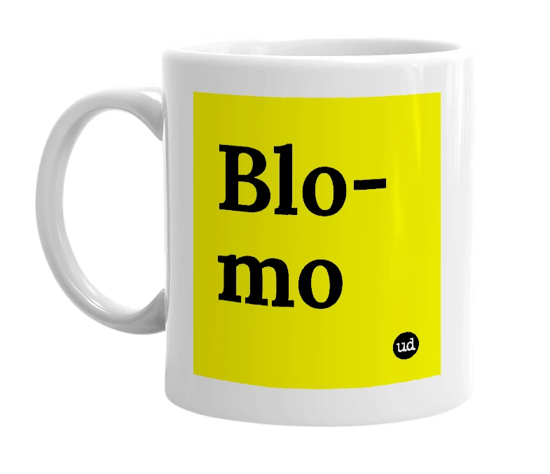 White mug with 'Blo-mo' in bold black letters