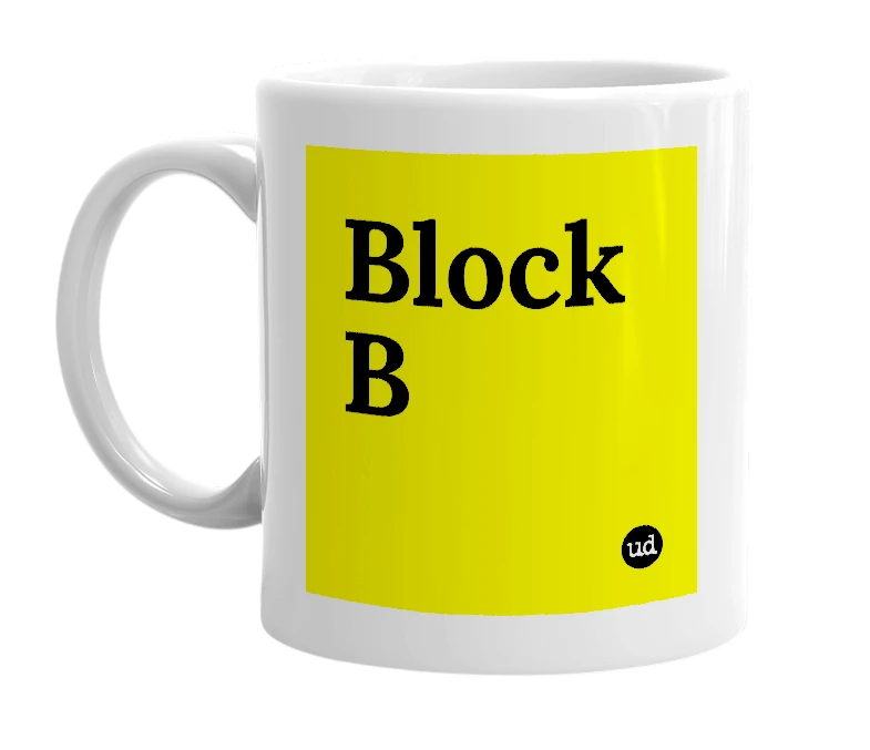 White mug with 'Block B' in bold black letters