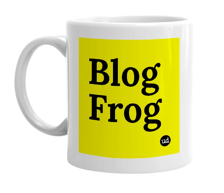 White mug with 'Blog Frog' in bold black letters