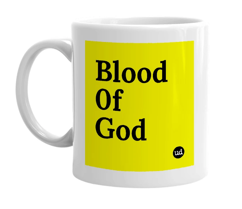White mug with 'Blood 0f God' in bold black letters