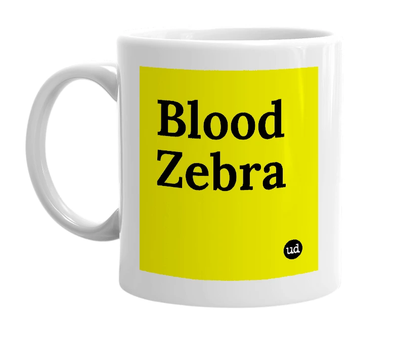 White mug with 'Blood Zebra' in bold black letters