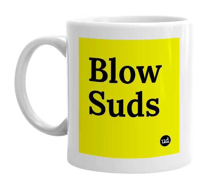 White mug with 'Blow Suds' in bold black letters