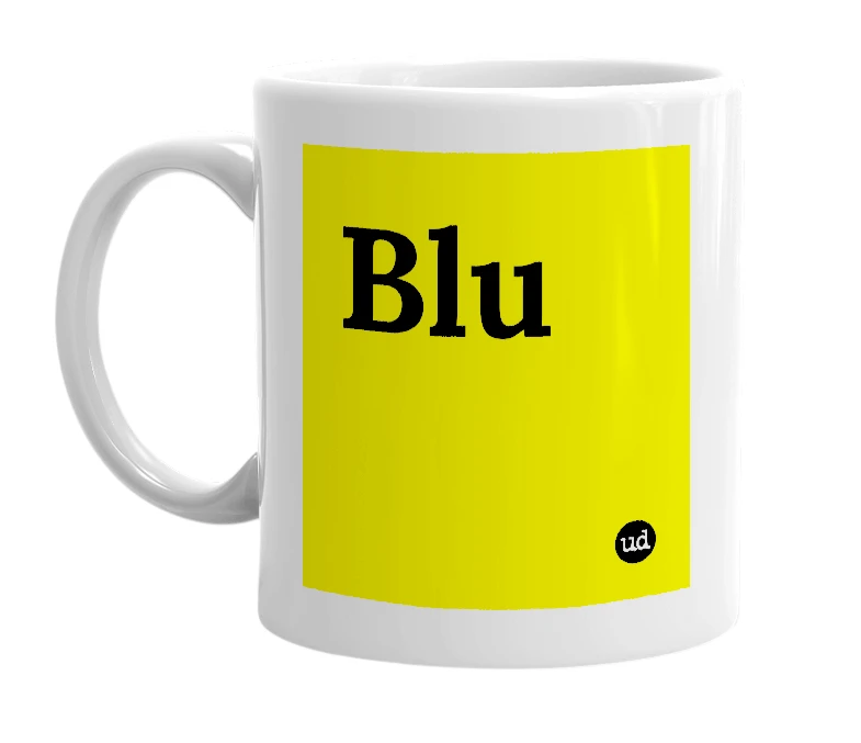 White mug with 'Blu' in bold black letters