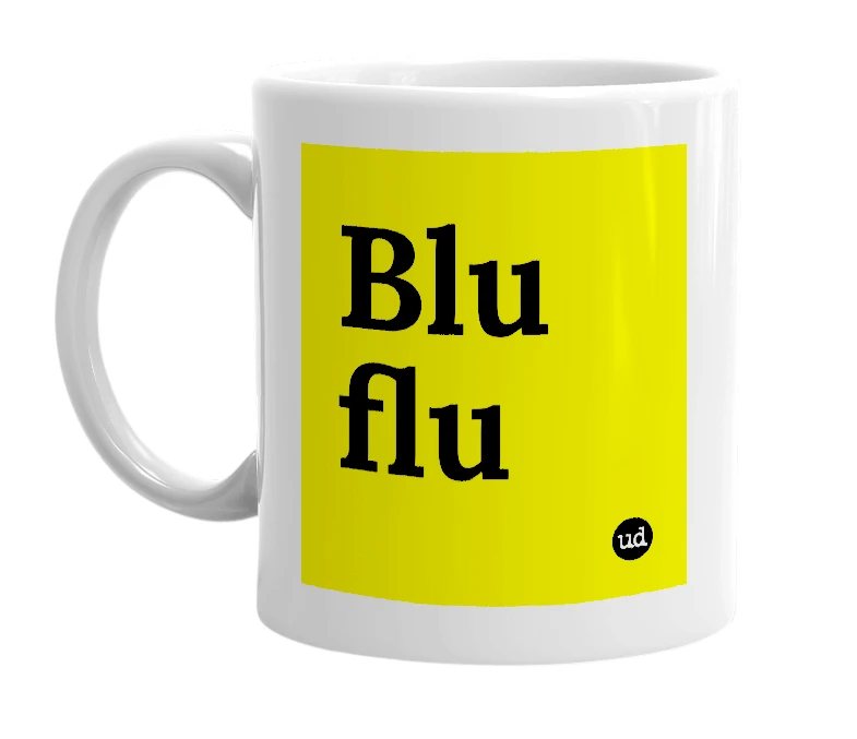 White mug with 'Blu flu' in bold black letters