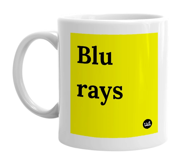 White mug with 'Blu rays' in bold black letters