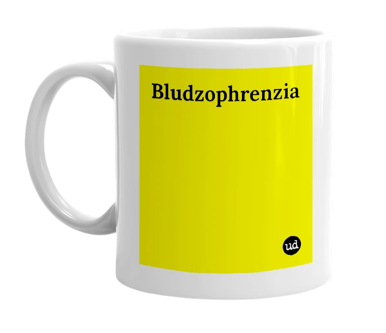 White mug with 'Bludzophrenzia' in bold black letters