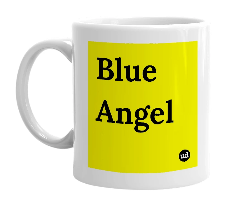 White mug with 'Blue Angel' in bold black letters