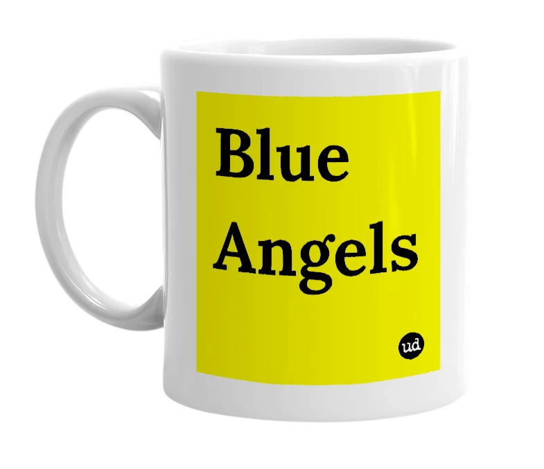 White mug with 'Blue Angels' in bold black letters