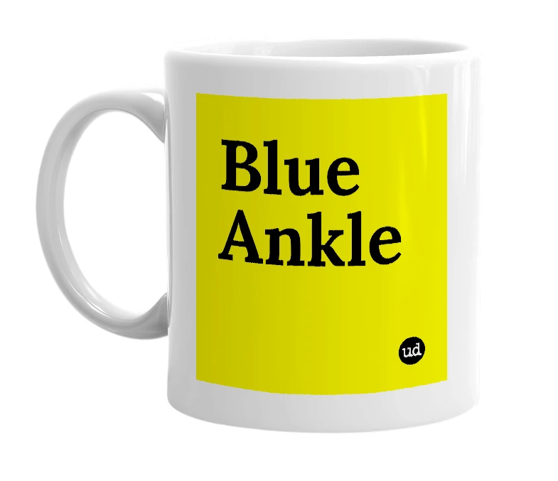 White mug with 'Blue Ankle' in bold black letters