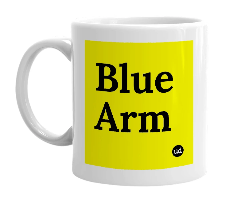 White mug with 'Blue Arm' in bold black letters
