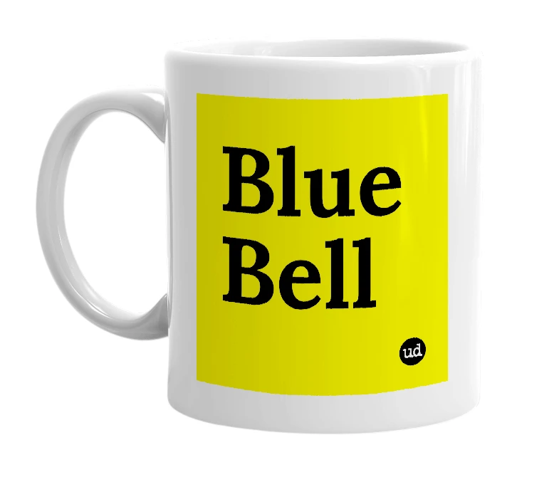 White mug with 'Blue Bell' in bold black letters