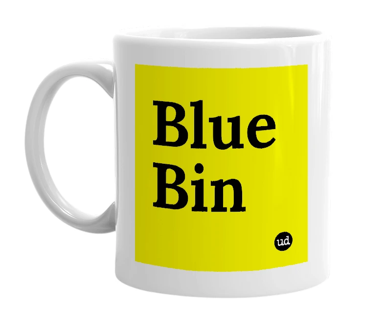 White mug with 'Blue Bin' in bold black letters