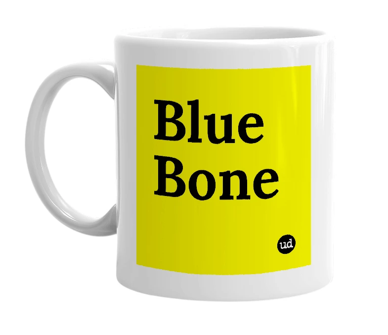 White mug with 'Blue Bone' in bold black letters