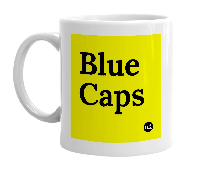 White mug with 'Blue Caps' in bold black letters