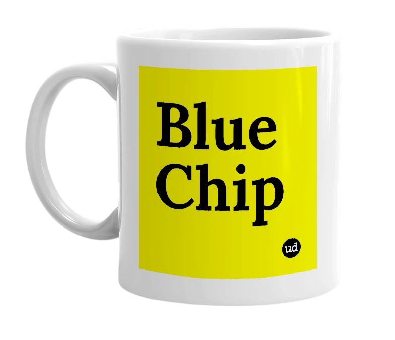 White mug with 'Blue Chip' in bold black letters