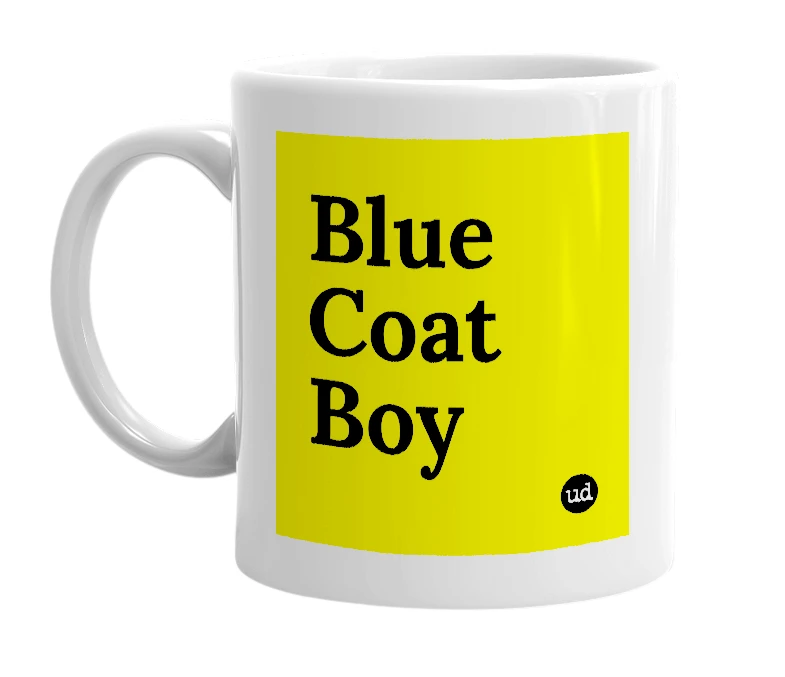 White mug with 'Blue Coat Boy' in bold black letters
